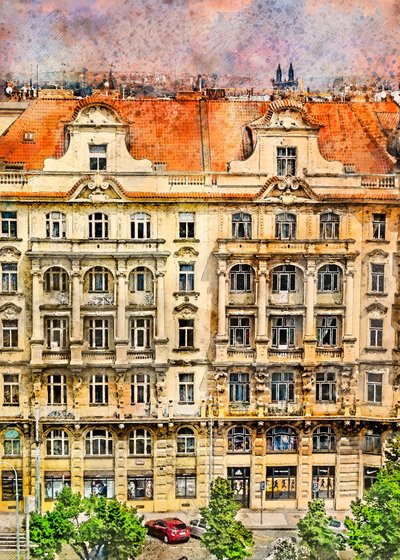 Ozdobny europejski pejzaż miejski autorstwa Justyna Jaszke
