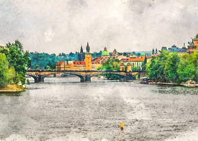 Pejzaż miejski nad rzeką w Pradze autorstwa Justyna Jaszke