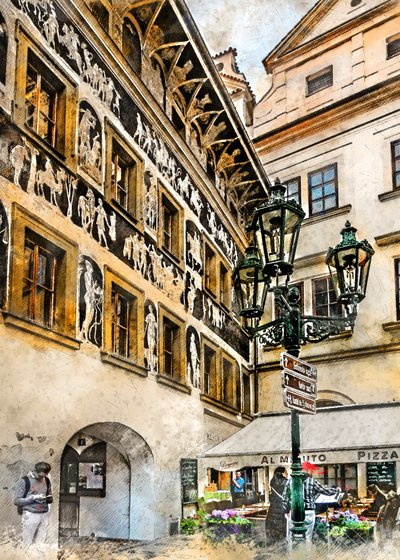 Praga – scena uliczna wykonana techniką sgraffito autorstwa Justyna Jaszke