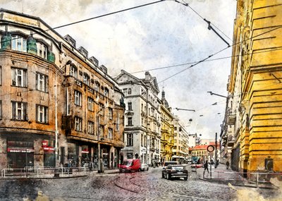 Akwarela przedstawiająca europejską ulicę z tramwajami autorstwa Justyna Jaszke