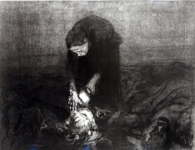 Po bitwie, z cyklu „Bunt chłopski”, 1907 (akwaforta, rycina i akwatinta) autorstwa Käthe Kollwitz