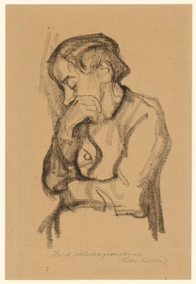 Półpostać kobiety zakrywającej usta prawą dłonią autorstwa Käthe Kollwitz