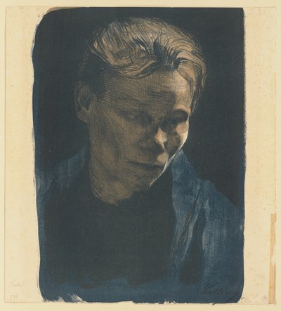 Portret do połowy postaci kobiety z klasy robotniczej w niebieskim szalu autorstwa Käthe Kollwitz