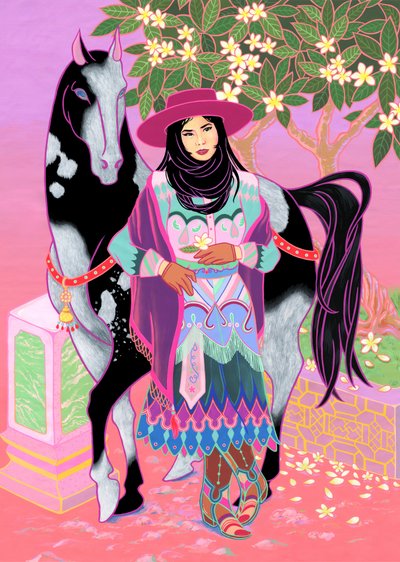 Cantones Cowgirl Waiting Under Plumeria, 2020 (akryl na bawełnie) autorstwa Kam Tsz