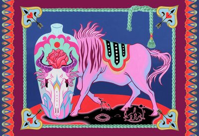 Wildebeest and Vase, 2021 (akryl na desce) autorstwa Kam Tsz