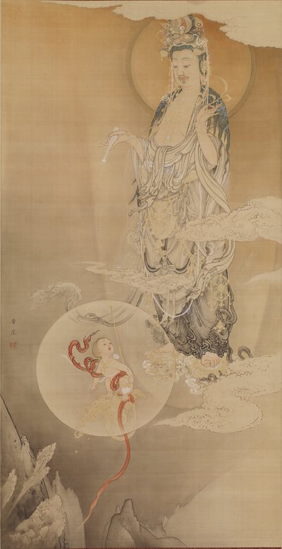 Bodhisattwa Kannon, 1883 (atrament, kolor i złoto na jedwabiu) autorstwa Kano Hogai