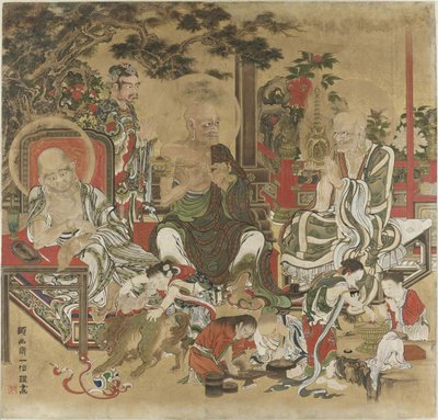 Szesnastu Arhatów Juroku Rakan. autorstwa Kano Kazunobu