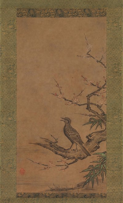 Brown-Eared Bulbul Hiyodori na gałęzi śliwki, połowa do końca XVI wieku. autorstwa Kano Shoei