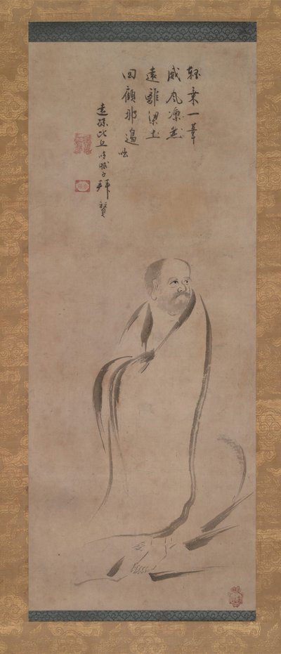 Bodhidharma Przekraczanie rzeki Jangzi na trzcinie, koniec XVI wieku. autorstwa Kano Soshu