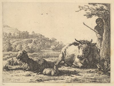 Krowa, dorosła owca i młode owce leżące w trawie, za nią stoi pasterz częściowo..., 1656. autorstwa Karel Du Jardin
