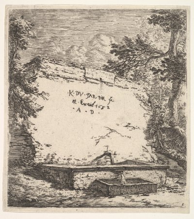 Frontyspis ze schodkową fontanną, kamienna ściana z dziobkiem nalewającym wodę do re..., 1652. autorstwa Karel Du Jardin