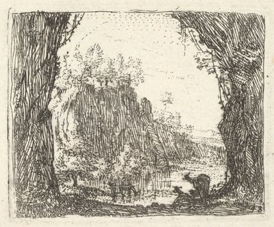 Krajobraz otoczony drzewami na pierwszym planie po lewej i prawej stronie, sylwetki dwóch goa..., ca. 1641-78. autorstwa Karel Du Jardin