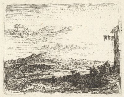 Pejzaż z narożnikiem budynku i markizą po prawej stronie, dwie postacie i koń-..., ca. 1641-78. autorstwa Karel Du Jardin