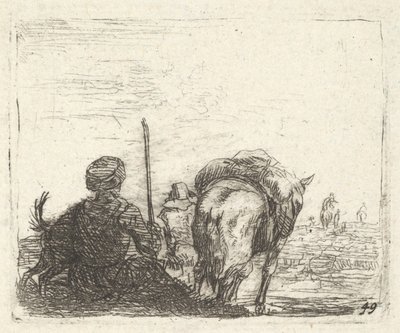Koń juczny, siedzący mężczyzna z laską w prawej ręce i pies, wszystko widziane od tyłu..., ca. 1641-78. autorstwa Karel Du Jardin