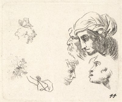 Studium głów z profilu, kobieta z nakryciem głowy i brodatym mężczyzną, którego głowy ..., ca. 1641-78. autorstwa Karel Du Jardin