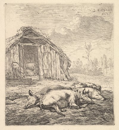 Trzy świnie leżące na bokach, chlew i koryto za nim, 1652. autorstwa Karel Du Jardin