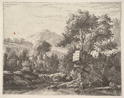 Dwóch mężczyzn stojących po kostki w zbiorniku wodnym, a za nimi skalista skała po lewej stronie, 1658. autorstwa Karel Du Jardin