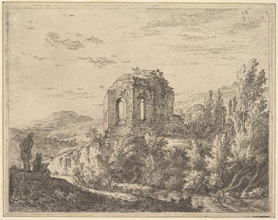 Widok ruin ukazujący narożnik budynku z dwoma łukowymi oknami, w pejzaż..., 1658. autorstwa Karel Du Jardin
