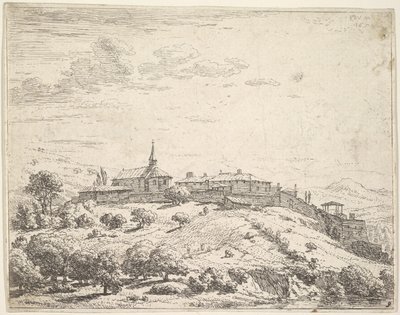 Wieś otoczona murem na wzgórzu, z kościołem po lewej stronie i zabudowaniami wzniesionymi na zboczu a..., 1658. autorstwa Karel Du Jardin