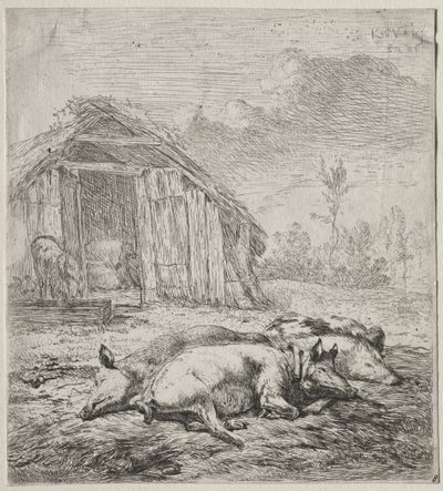 Trzy świnie leżące przed chlewem. autorstwa Karel Dujardin