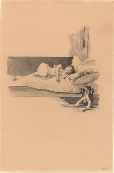 Ilustracja do "Jestrab Kontra Hrdlicka, XXII" (Dziewczyna śpiąca na łóżku) autorstwa Karel Vitezslav Masek