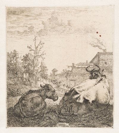 Leżąca krowa z łydką Zwierzęta (tytuł serii) autorstwa Karel du Jardin (signed by artist)