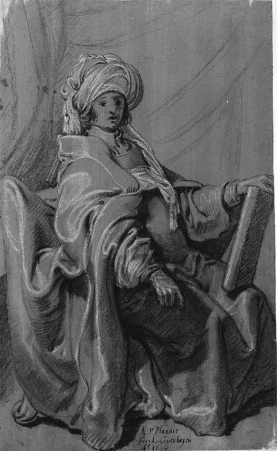 Siedząca postać w płaszczu i turbanie, trzymająca książkę. W prawo. autorstwa Karel van III Mander