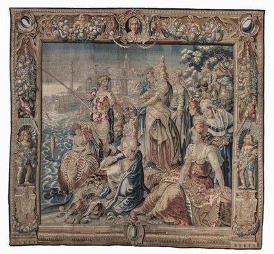 Antoniusz i Kleopatra (Antoniusz łapie soloną rybę); gobelin, data nieznana (wełna | ołówek) autorstwa Karel van II Mander
