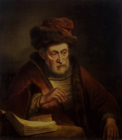 Stary człowiek trzymający parę okularów autorstwa Karel van der Pluym