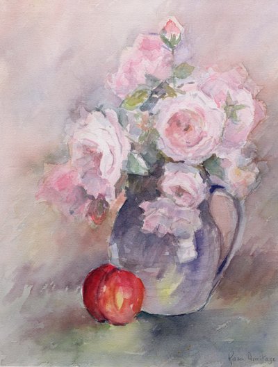 Różowe róże w niebieskim dzbanku, 1994 (wc) autorstwa Karen Armitage