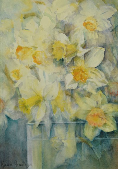 Wiosna, mieszane żonkile w zbiorniku nr 3., Mrs Krelage, Ice Follies i Fortune autorstwa Karen Armitage