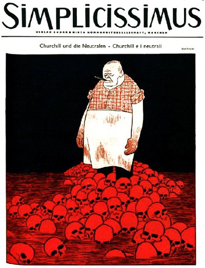 Okładka niemieckiego magazynu Simplicissimus (ok. ) przedstawia Churchilla i rzekę krwi i czaszek. ok. 1940 r. (litografia) autorstwa Karl Arnold
