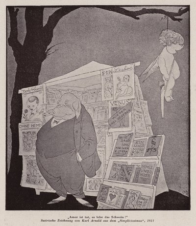 Kupidyn wiszący na drzewie nad ulicznym kioskiem sprzedającym pornografię (litografia) autorstwa Karl Arnold