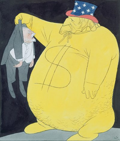 Wujek Sam jako worek dolarów z Poincare (akwarela, pióro i tusz indyjski na papierze) autorstwa Karl Arnold
