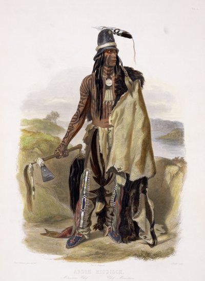 Abdih Hiddisch, wódz Minitarre, tablica 24 z tomu 2 "Podróży w głąb Ameryki Północnej", wyryta przez Rolleta, 1844 (akwatinta) autorstwa Karl Bodmer