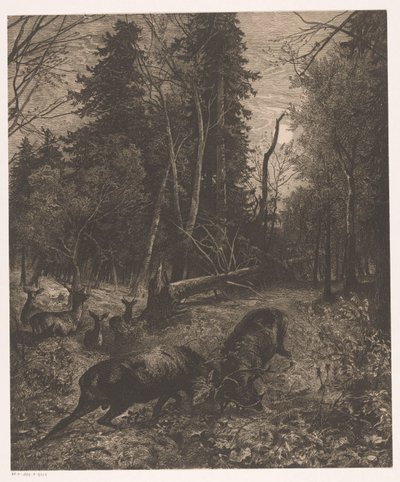 Widok na las z dwoma walczącymi jeleniami autorstwa Karl Bodmer