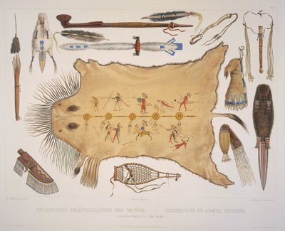 Indyjskie naczynia i broń, rytowane przez A. Zschokke i J. Hurlimana, opublikowane w 1840 r. (akwatinta) autorstwa Karl Bodmer