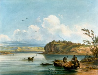 Mandan Indiańskie kobiety przekraczające rzekę Missouri na łodziach ze skóry bawolej, Cywilizacja rdzennych Amerykanów, Stany Zjednoczone autorstwa Karl Bodmer