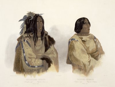 Mehkskeme-Sukahs, Blackfoot Chief i Tatsicki-Stomick, Piekann Chief, płyta 45 z tomu 2 „Podróże po wnętrzu Ameryki Północnej”, rytowana przez Allaisa, 1844 (akwatinta) autorstwa Karl Bodmer