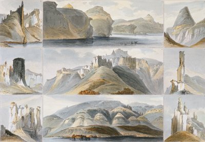 Remarkable Hills on the Upper Missouri, tablica 34 z tomu 2 "Podróży w głąb Ameryki Północnej", rycina Friedricha Salathe (1793-1858) 1844 (akwatinta) autorstwa Karl Bodmer