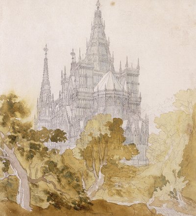 Gotycka katedra niedaleko Baumana; Gotycka katedra za drzewami, 1814-15 autorstwa Karl Friedrich Schinkel