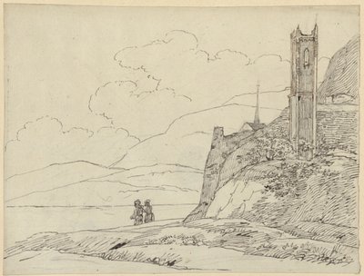 Krajobraz górski z ruinami wieży i postaciami autorstwa Karl Friedrich Schinkel