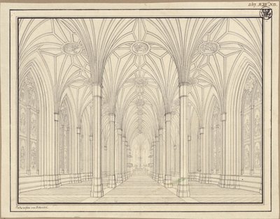Berlin, Spittelmarkt. Projekt kościoła św. Gertrudy. Widok wnętrza, przez nawę ku chórowi autorstwa Karl Friedrich Schinkel