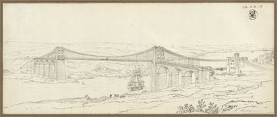 Widok na most wiszący nad cieśniną Menai koło Bangor w Walii autorstwa Karl Friedrich Schinkel