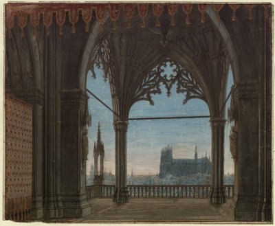 Dziewica Orleańska. Tragedia Fryderyka Schillera. Projekt do 8. dekoracji. Gotycka sala z widokiem na Reims autorstwa Karl Friedrich Schinkel