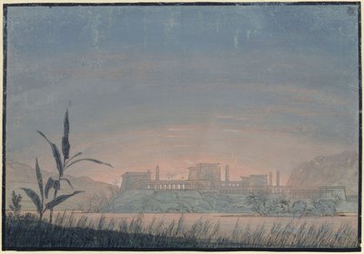Czarodziejski flet. Opera Wolfganga Amadeusza Mozarta. Projekt 10. dekoracji. Krajobraz z zamkiem Sarastra autorstwa Karl Friedrich Schinkel