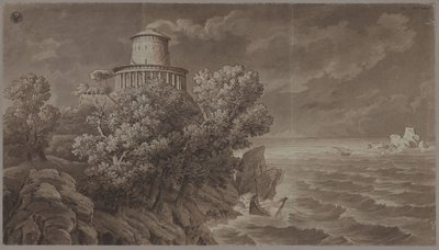 Skaliste wybrzeże morskie z latarnią morską w stylu antycznym, przy wzburzonym morzu autorstwa Karl Friedrich Schinkel