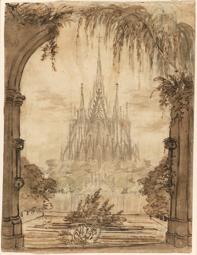 Gotycka katedra za stawem z łabędziami autorstwa Karl Friedrich Schinkel