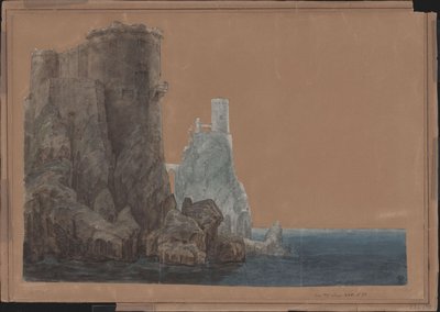 Król Yngurd. Tragedia Adolfa Müllnera. Projekt 4. dekoracji. Wieża z Bramą Śmierci nad morzem autorstwa Karl Friedrich Schinkel