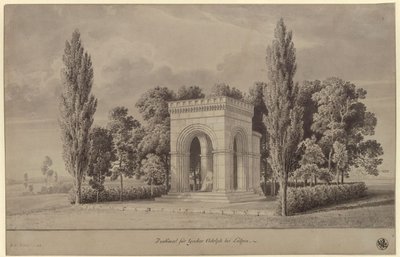 Lützen. Projekt pomnika króla Szwecji Gustawa II Adolfa w formie romańskiej hali nad Szwedzkim Kamieniem z dołączoną apsydą. Widok autorstwa Karl Friedrich Schinkel